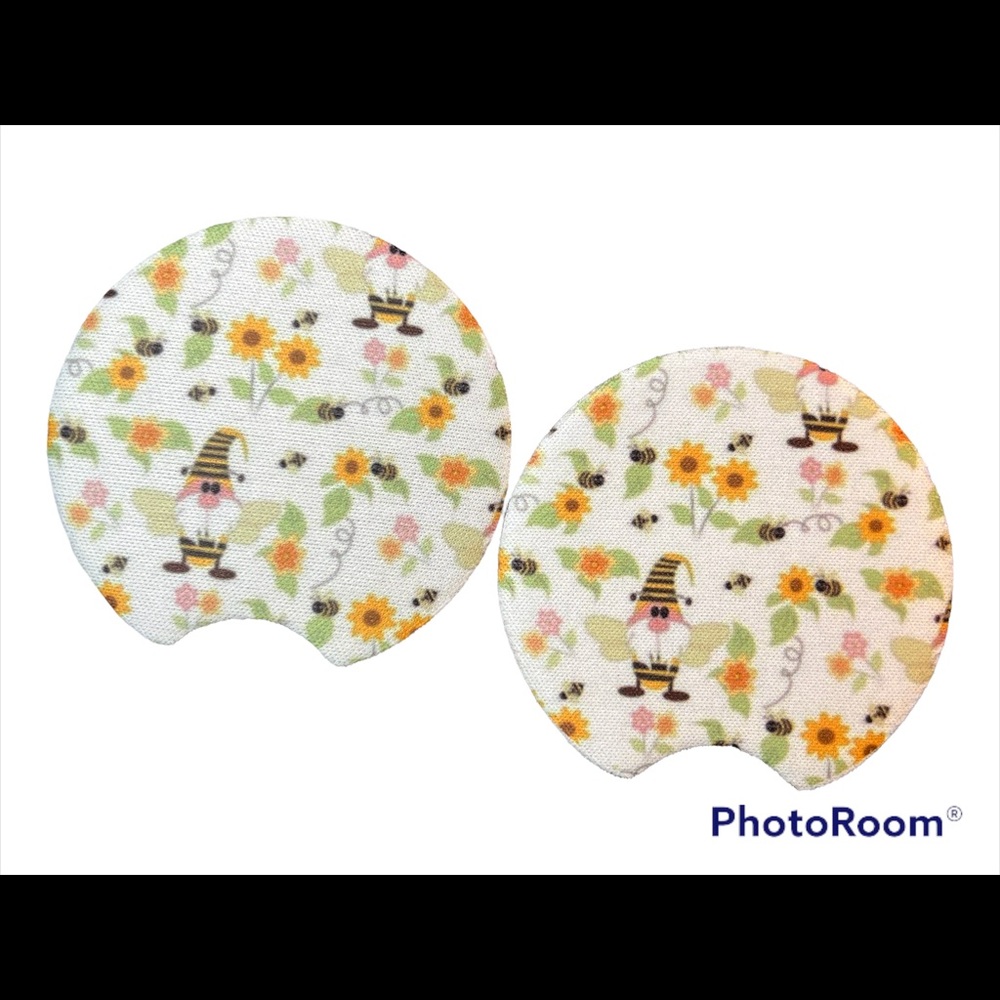 Gnome Bee Flowers Set Of 2 Car Cup Coasters New
